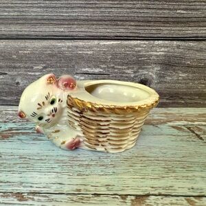 Vintage Ceramic Cat Basket Planter grey cat gold accents